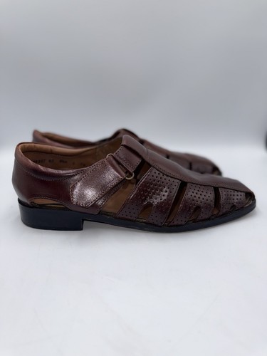 Stacy Adams Mens Fisherman Dress Leather Sandals Size 9.5 Brown Cutout Hook Loop - Picture 4 of 11
