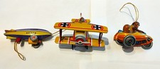 VINTAGE ZZ GERMANY TIN METAL CHRISTMAS ORNAMENT MOTORCYCLE PLANE ZEPPELIN TOY