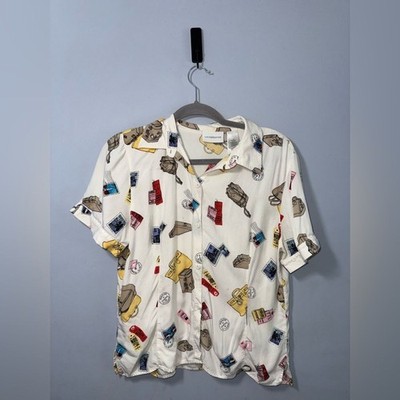 Liz Claiborne VTG Travel Theme Buttoned Down Short Sleeve Top Size XL fair