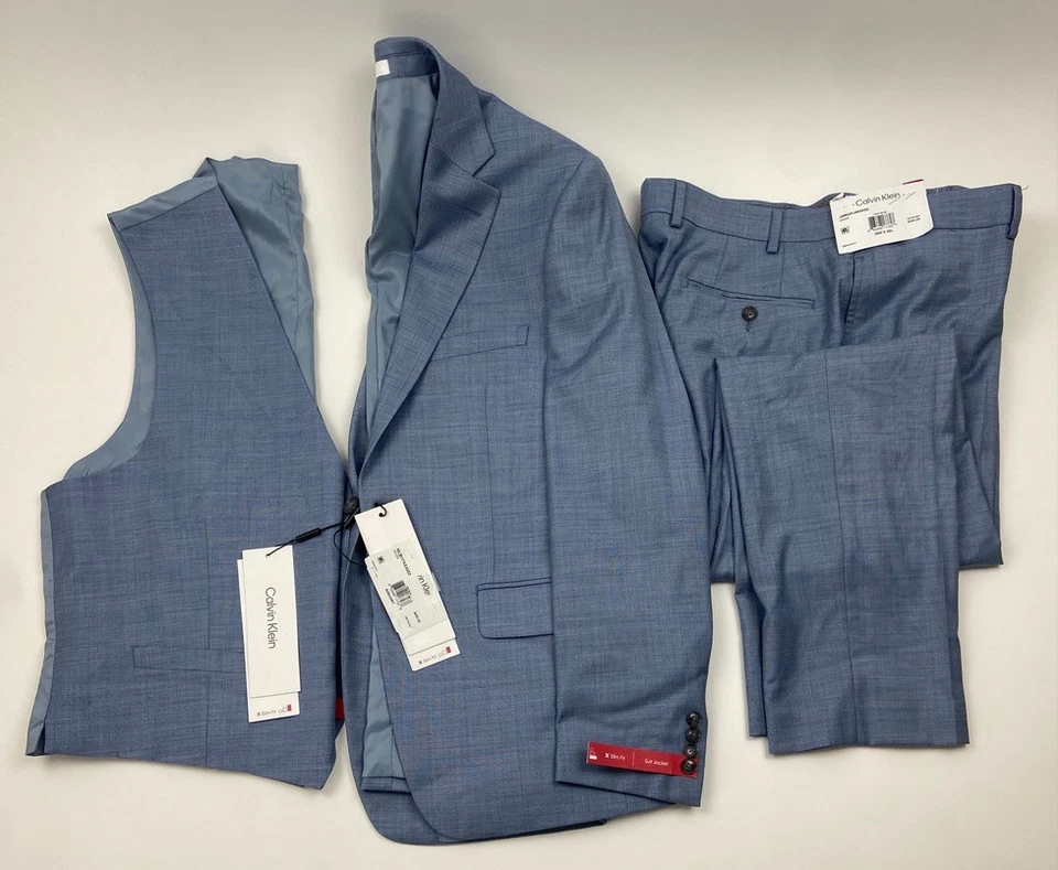 $775 BRAND NEW CALVIN KLEIN Mens 40S Blue Slim 3 Piece Suit W/Vest & Pants 32x30 - Image 3 of 4