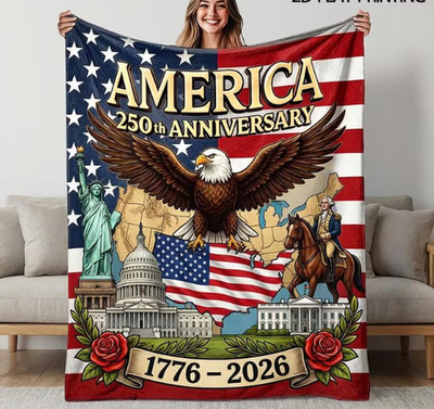 USA 250th Anniversary Eagle Flag Fleece Throw Blanket, Patriotic American Histor