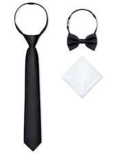 Boys Pre-tied Zipper Tie Elastic Strap Bowtie and Pocket Square 3-piece For
