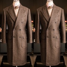 Brown Herringbone Men's Long Overcoat Double Breasted Tweed Formal Men Long Coat
