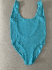 Womens One Size Crinkle turquoise Swimming Costume Low Front & Back