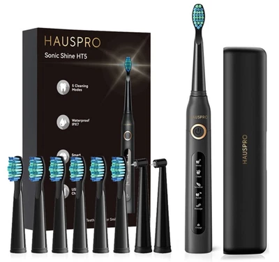 Hauspro Sonic Electric Toothbrush Oral Black 8 Heads 5 Modes Rechargeable Case