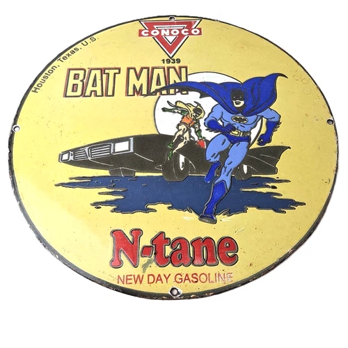 Vintage Conoco Gas Sign - Comics Porcelain Gas Pump Batman Gasoline Sign
