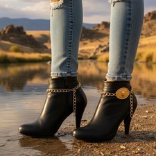 Women 2PCS Gold Metal Boot Chain Shoe Anklet Texas Long Horn Bull Charm Western