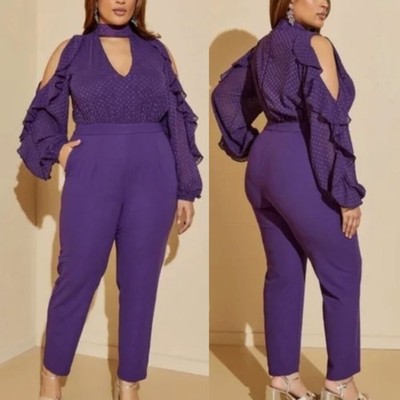 NEW NWT ASHLEY STEWART Plus Size Cutout Ruffle Jumpsuit Purple Long Sleeve 26 28