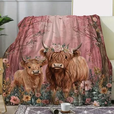 Vintage Pink Scottish Highland Cow Fleece Blanket - Soft Flannel Throw Blanket