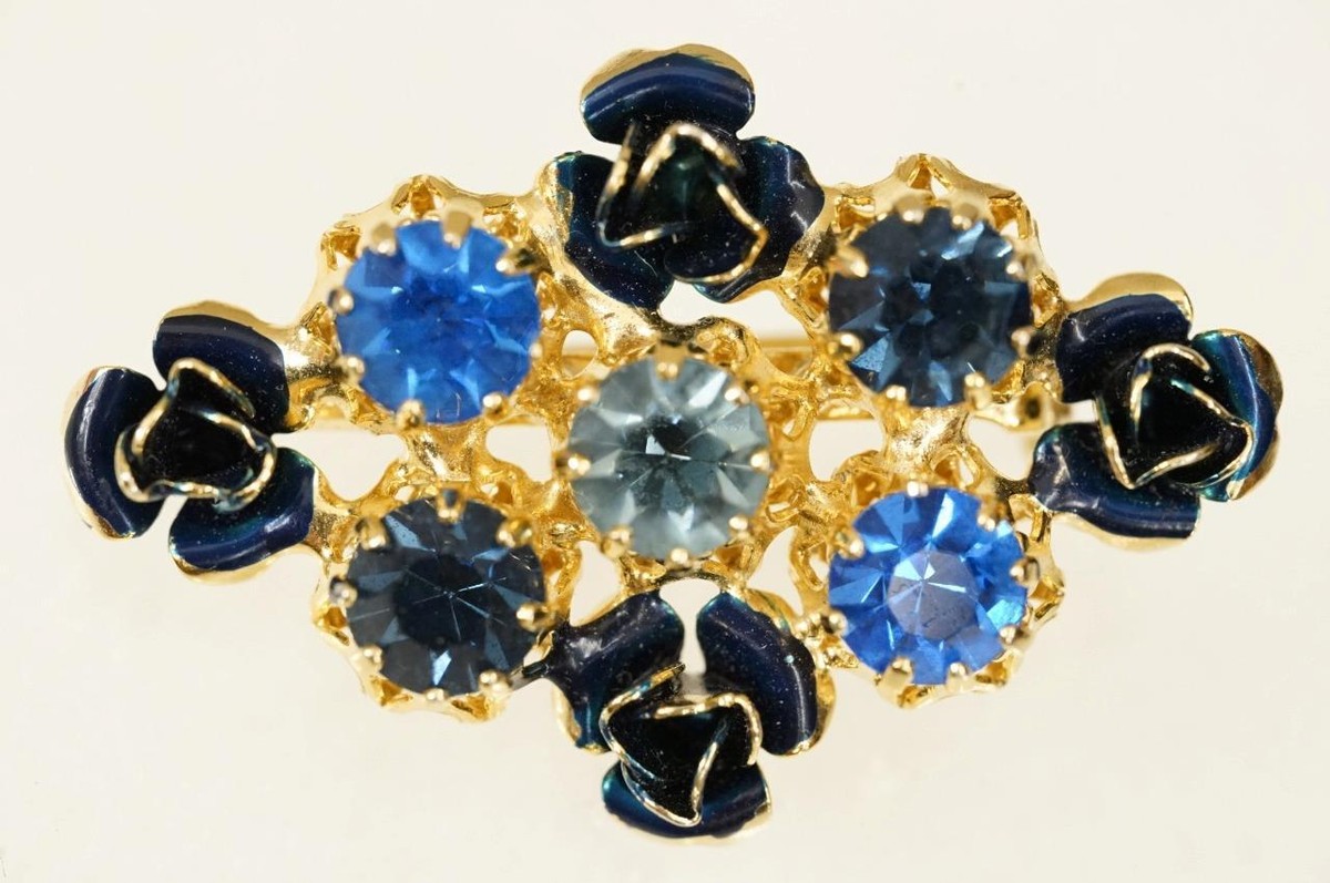 Vintage Costume Jewelry Austria Clear Blue Rhinestone Flowers Gold