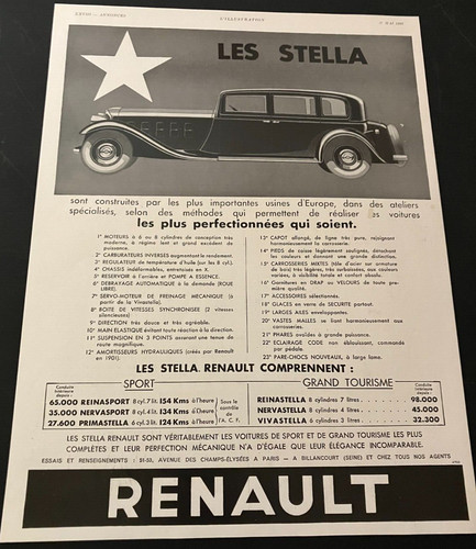 French 1933 Renault Stella Sedan - Vintage Original Print Ad / Wall Art - CLEAN