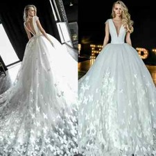 Wedding Dresses VNeck Cap Sleeve Romantic Butterfly Appliques Tulle Bridal Gowns