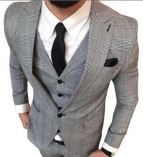Designer business black white check men's suit sport coat vest pants slim fit 44