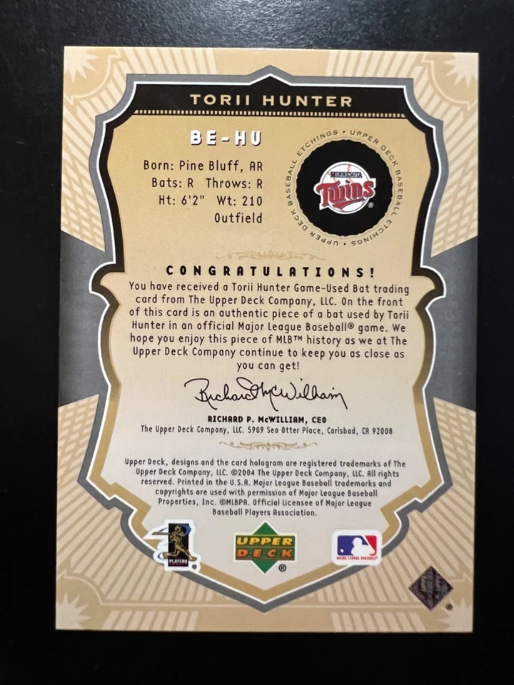 2004 Upper Deck Etchings Game Bat Purple #HU Torii Hunter #'d 143/250 Twins - Image 2 of 2