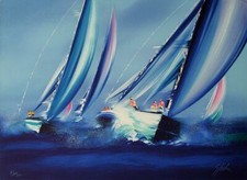 Victor SPAHN LE PASSAGE DE LA LIGNÉE D'ARRIVÉE EN RÉGATE, lithographie signée