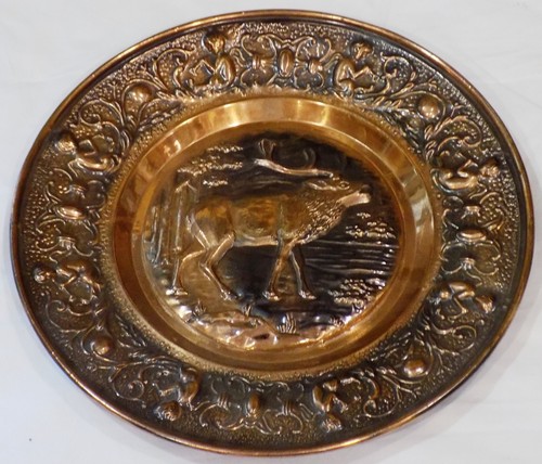 Large Round Copper Decorative Wall Hanging Plate Of Deer 15" Hunting Cabin Lodge