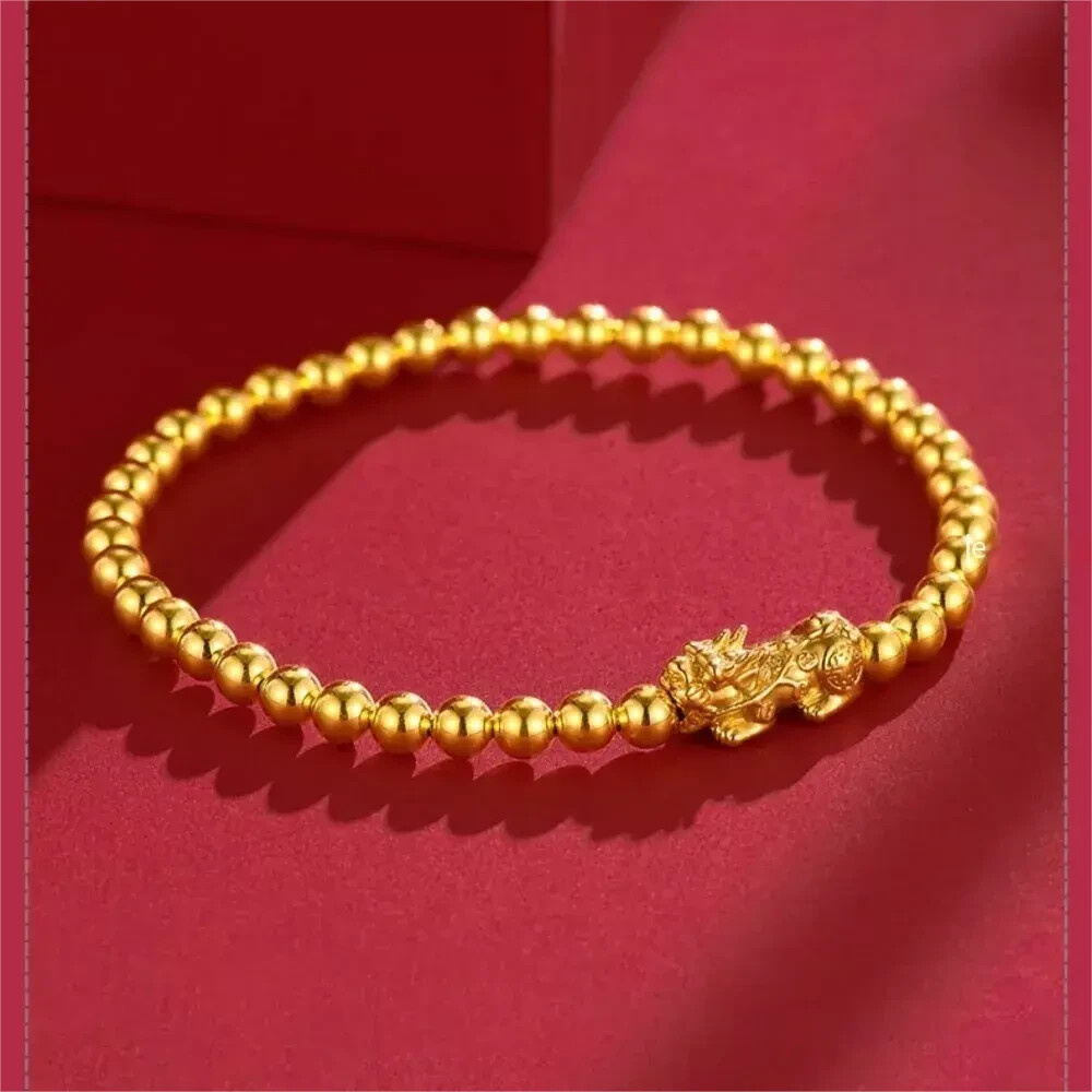 Pure 24K Yellow Gold 999 Dragon Pixiu 4mm Beads Women