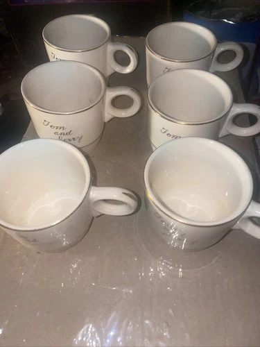 Gold Trimmed Cream TOM & JERRY Coffee Mugs Cups Vintage Set Of 6