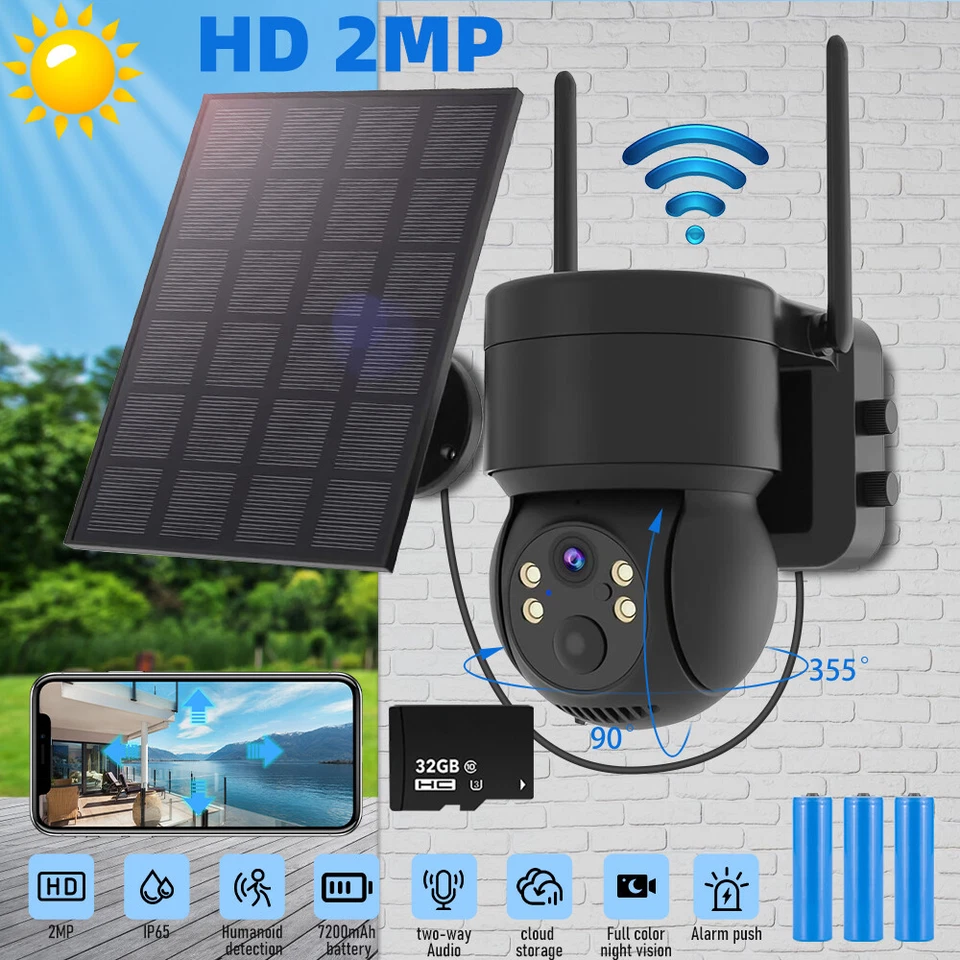 Solar Battery Powered Wireless WiFi Outdoor Pan/Tilt Home Security Camera System