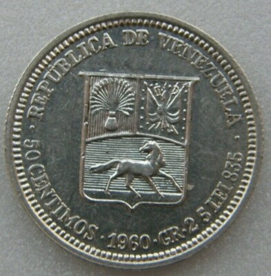 ベネズエラ 1960年 50センティモス 硬貨 Venezuela UNC Coin 1/2 Bolivar ( 50 Centimos ) 1960 Silver .835