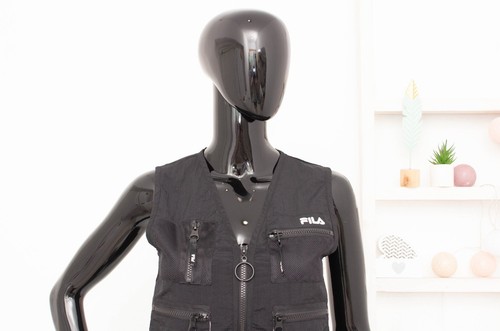 Fila Vest Black Sleeveless Jacket Cropped Pockets Logo Army Style Gilet XS - Picture 2 of 10