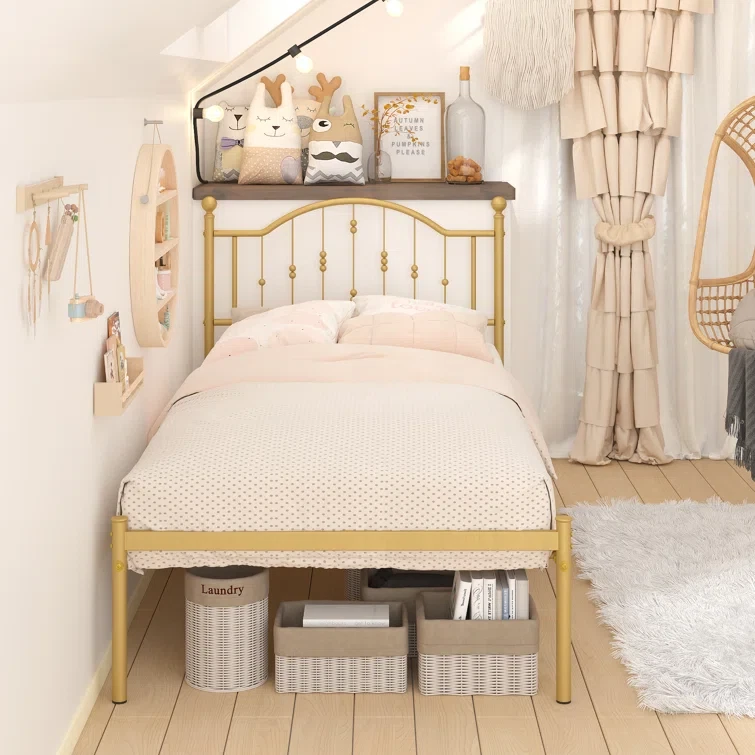 Marco de cama de metal dorado tamaño doble NUEVO marco de cama de almacenamiento con cabecero plataforma de metal Foto 2 de 4