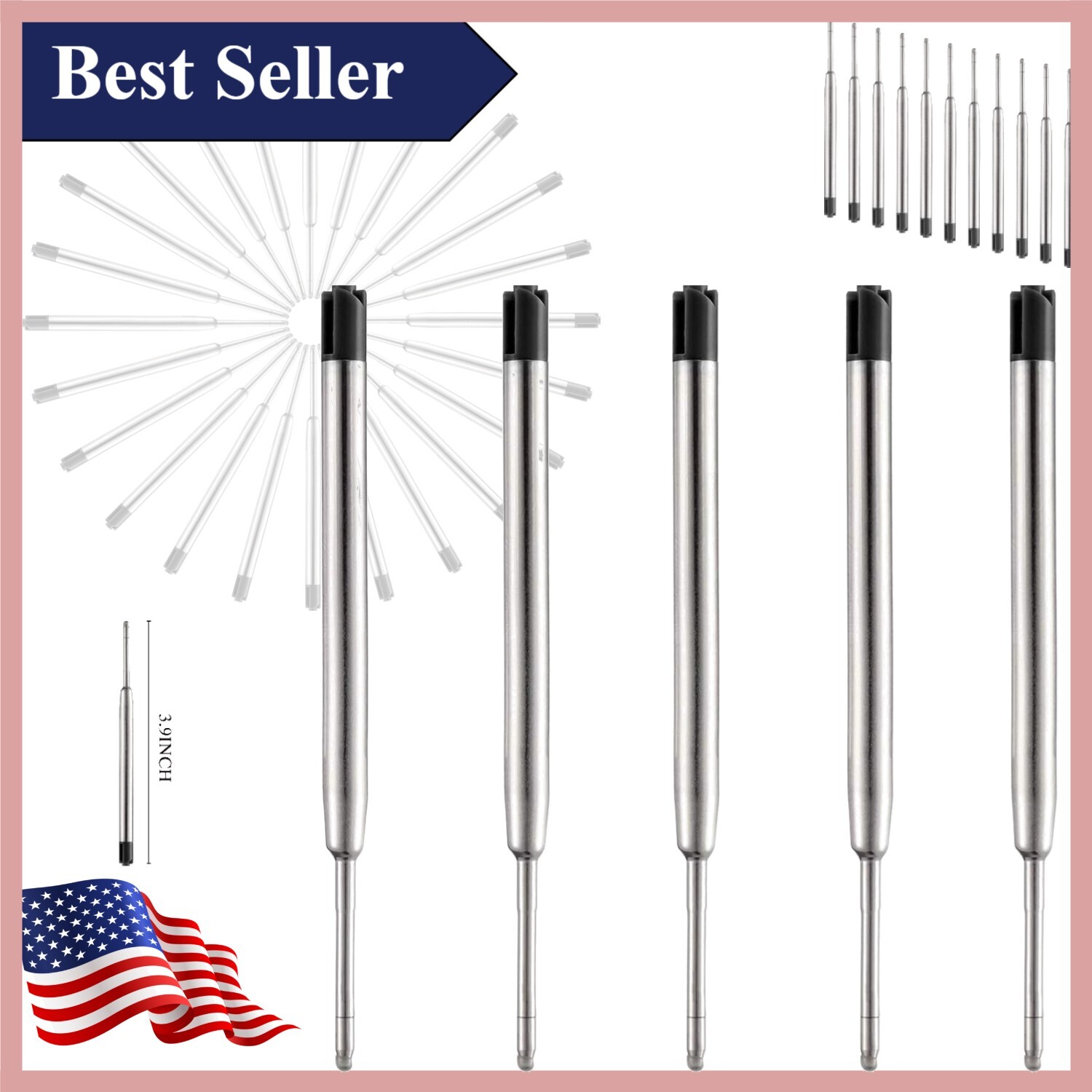 Replaceable Black Ink Refills for Multi-Brand Ballpoint Pens - Pack of 5