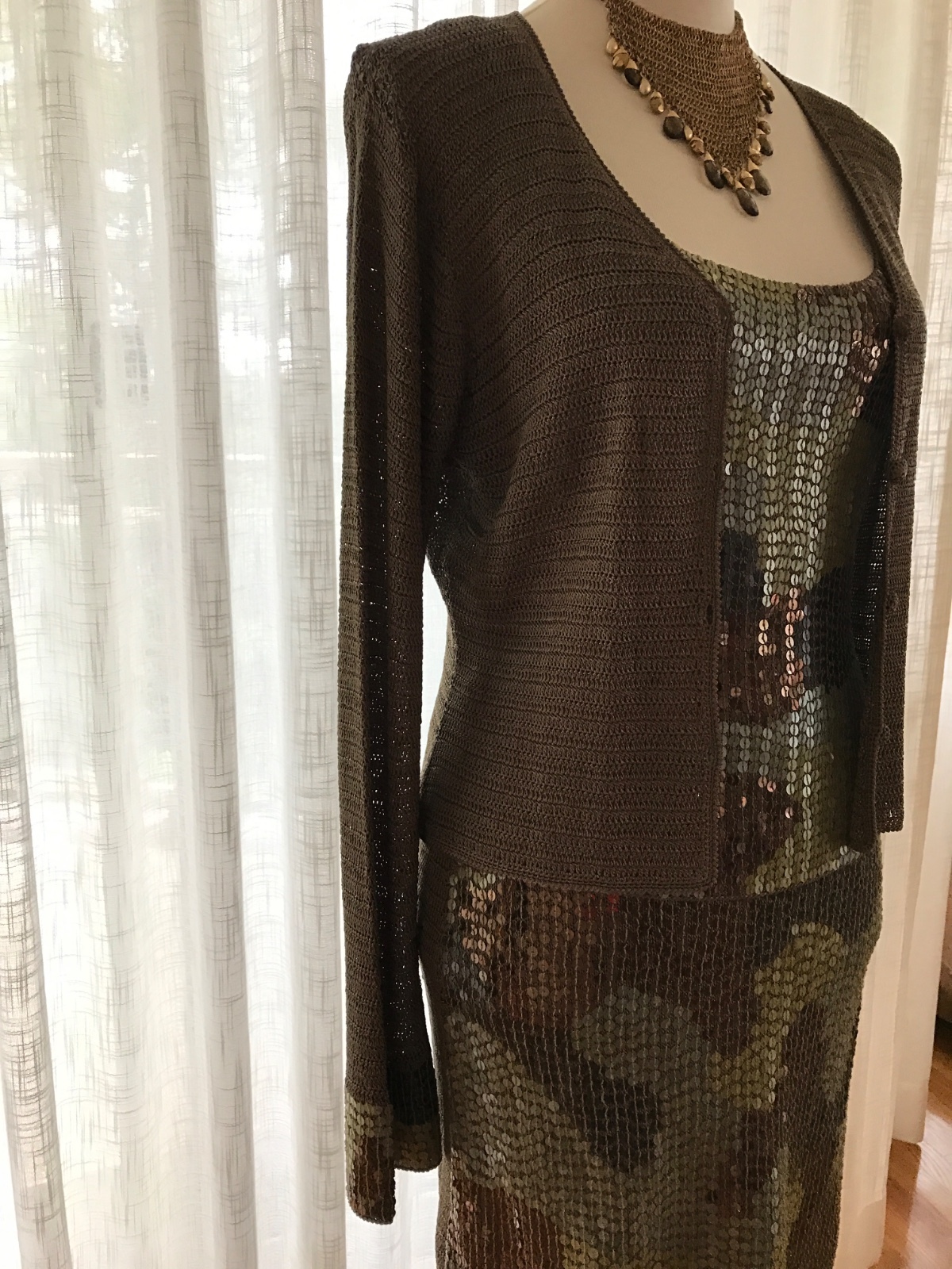 SUE WONG WOMEN'S RARE 3PC OUTFIT SET CAMO BRONZE/METALLIC CROCHET SEQUINED SZ M image 5