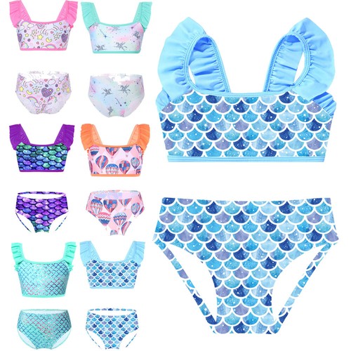 Kids Girls Swimsuit Ruffled Swimwear Bathing Tops With Briefs Printed Beachwear - Picture 3 of 45