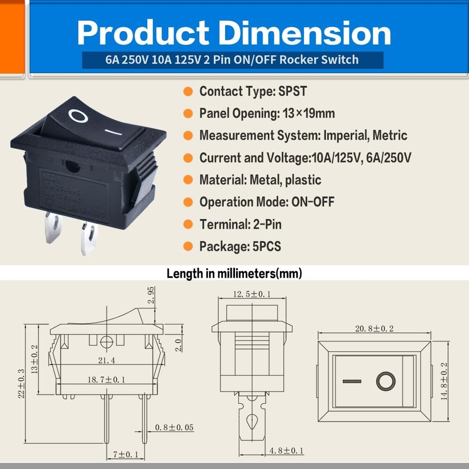 5 Pcs Boat Rocker Switch ON Off 2 Pin 2 Position SPST AC 250V 6A 125V ...