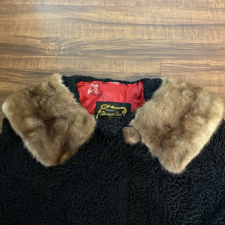 Vintage THOMAS PAIN Brown Rabbit Fur Black Jacket Coat Cropped CALGARY CANADA — 第 3/4 张图片