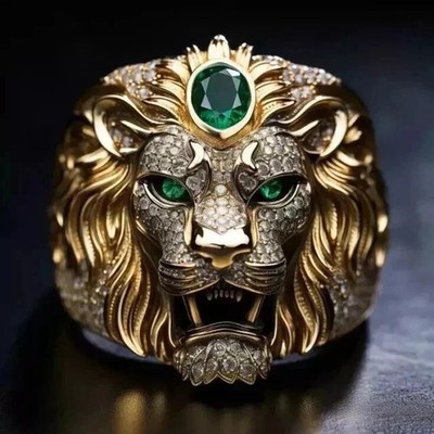 3Ct Round Cut Lab Created Diamond Men's Lion Head Ring 14K Yellow Gold Plated