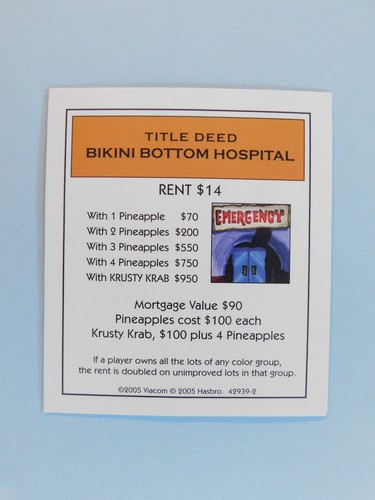 Monopoly Spongebob Property Deed Card (One, Your Choice) - Picture 2 of 7