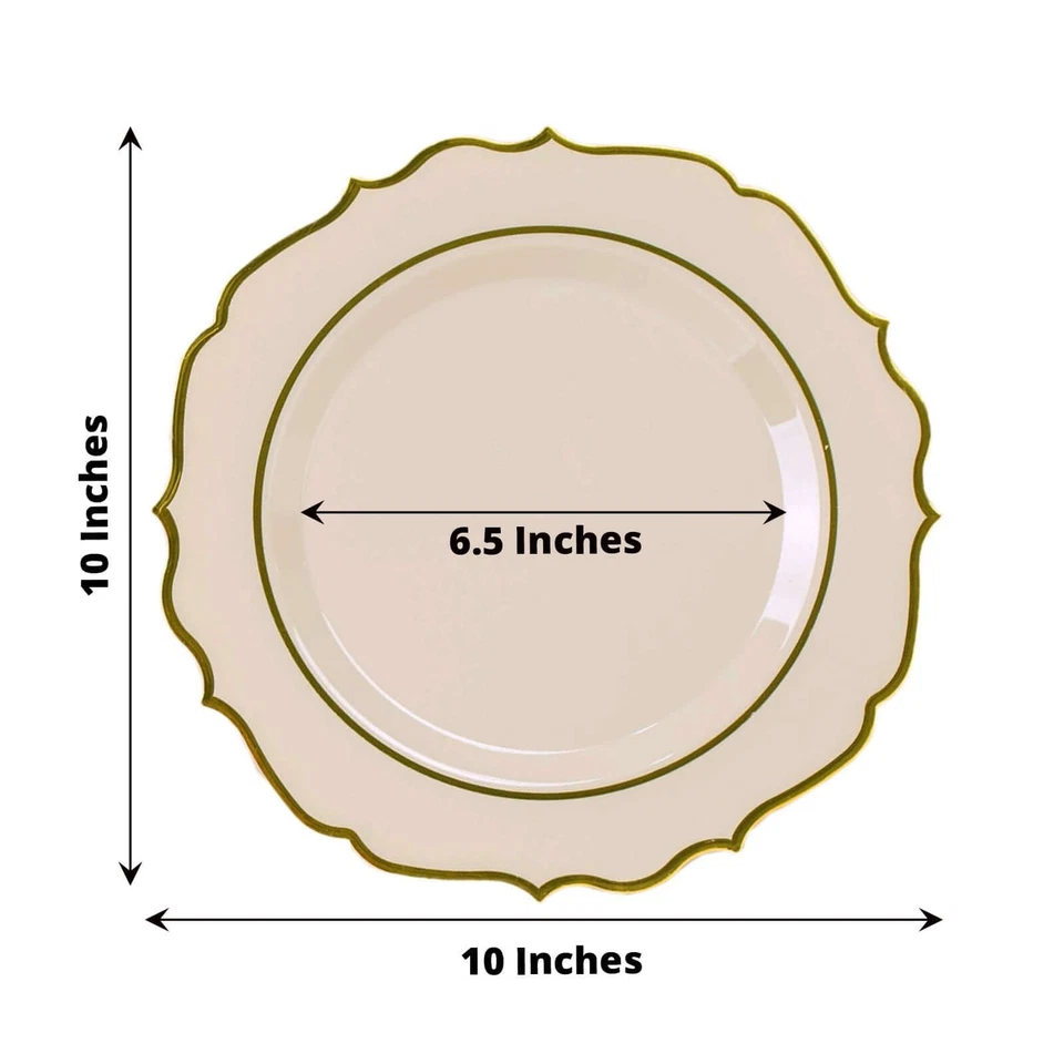 20 platos de cena redondos de plástico TAUPE 10,5" DORADO borde festoneado eventos Foto 3 de 4