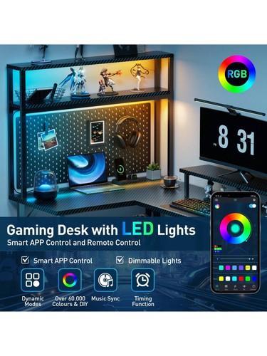 L shaped gaming desk with LED light storage shelves power outlet monitor stand - Picture 6 of 12