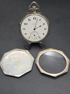 1919 Elgin Pocket Watch - Octagonal Solid Sterling Silver Case - FOR PARTS