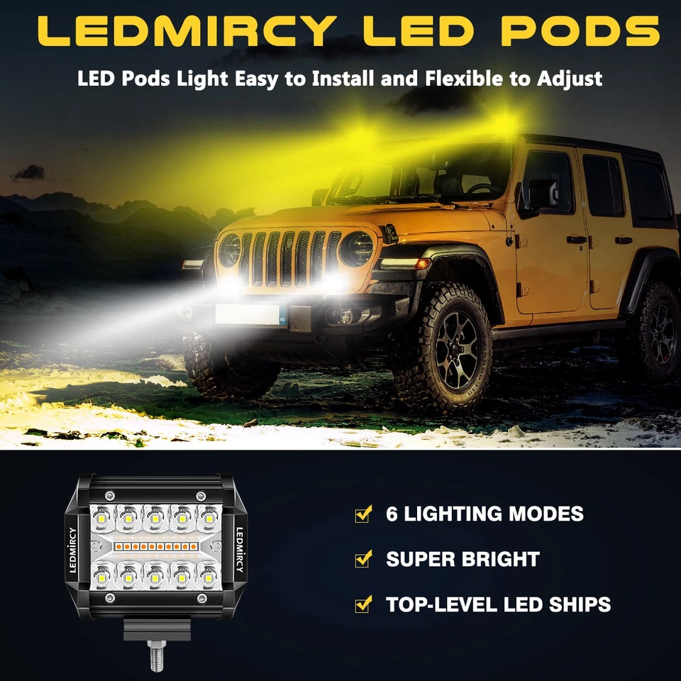 LEDMIRCY 2X 4" Barra de Luz LED Intermitente Estroboscópico Ámbar/Blanco Conducción Niebla Todoterreno SUV Foto 4 de 4