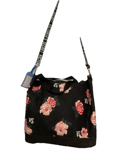 Victoria's Secret Floral Tote Weekender Getaway Bag Black Pink Duffel Logo Gold