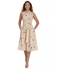 Tommy Hilfiger Shirt Dress 16 Tan Floral Button Front Belt Cotton Linen NWT
