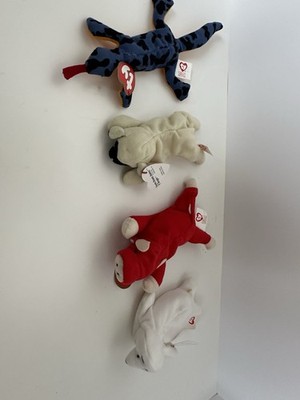 Ty Beanie Babies Plush Lot - Chops, Blue Spotted Lizard, Cream Dog, Red Monkey