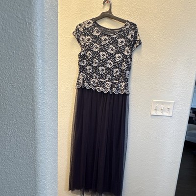 Candalite Petite Navy Blue Silver Lace Beaded Long Gown Round Neck Cap Sleeve PL