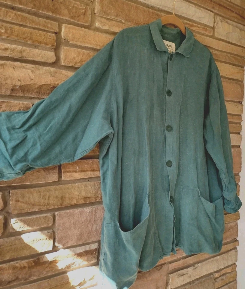 Camisa Chaqueta Vintage Años 90 FLAX Jeanne Engelhart Lino M Madera Teal Botones Bolsillos Foto 2 de 4