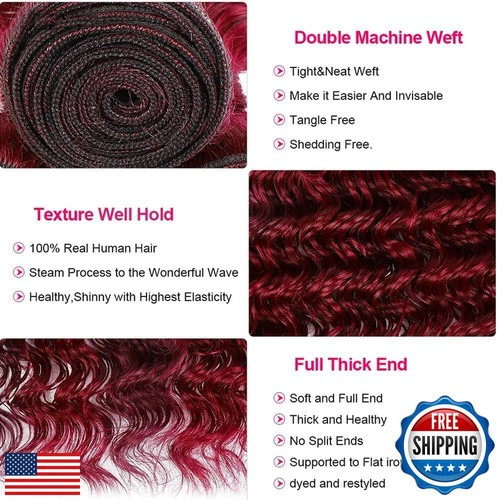 Hydtxc Burgundy 99J Deep Wave Human Hair Bundles 20 22 24 inch Wine Red Unpro - Picture 3 of 5