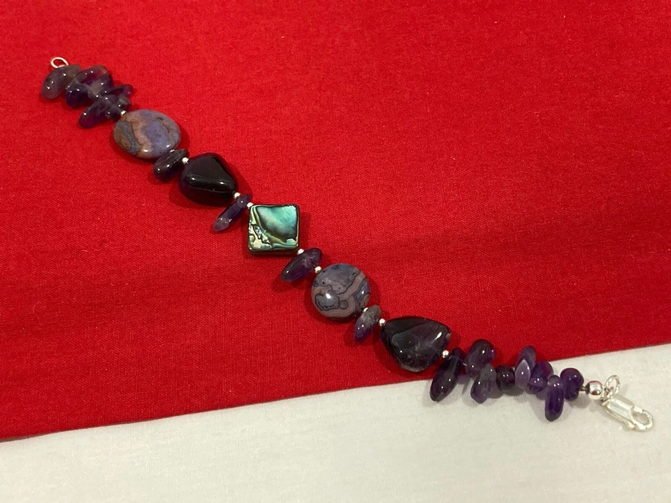Vintage Artisan Made 925 Sterling Silver Amethyst & Abalone Beaded Bracelet 7.5” - Image 3 of 4