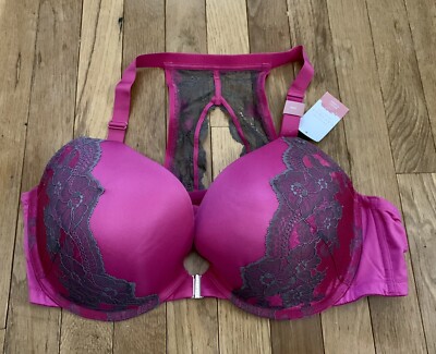 Plus Size 46C Cacique Front Close Boost Plunge Bra Magenta Lace Racerback Sexy