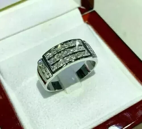 3.00Ct Round Cut Real Moissanite Men's Wedding Band Ring 14K White Gold Plated