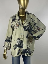 Citron Santa Monica 100% Silk Asian Motif Style Women's Top. Sz L STUNNING
