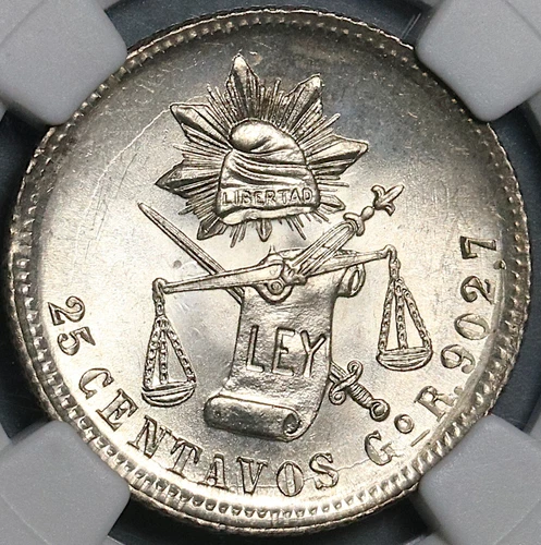1890-Go NGC MS 64 Mexico 25 Centavos Guanajuato Proof Like Silver Coin 21091901D