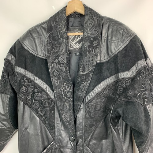 Winlit Vintage Coat Midi Black Leather Round Collar Print Snaps Lined Size M - Picture 8 of 15