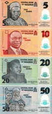 Nigeria Set 5, 10, 20, 50 Naira, 2021-2023, Uncirculated, Polymer 4 note set